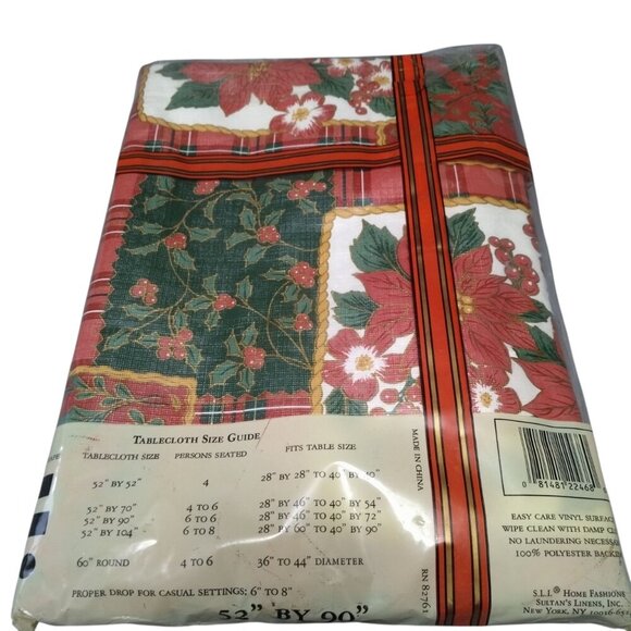 POINSETTIA CHRISTMAS 52 X 90 VINYL TABLECLOTH "SULTAN'S LINENS" VINTAGE NEW - Picture 7 of 7